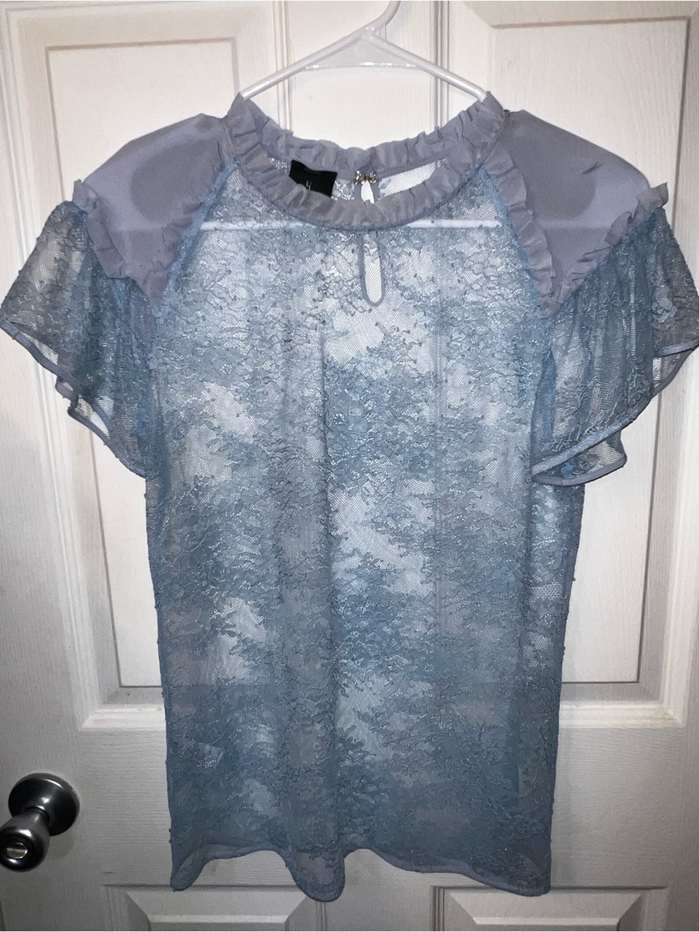 PINKO Uniqueness Dusty Blue Sheer Lace Silk Trim Flutter Sleeve Top Blouse IT 40